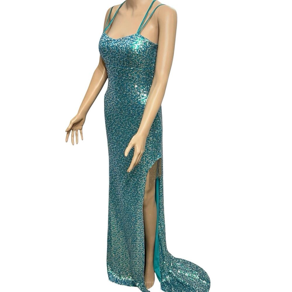 Next Up Sequin Maxi Gown 7/8 Beaded Fringe Slit Train Hem Prom Formal Aqua Blue